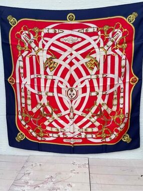 Hermes Red, White & Navy Silk Scarf with Equestrian Chain Motif